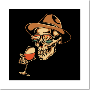 Skull drinking wine Posters and Art